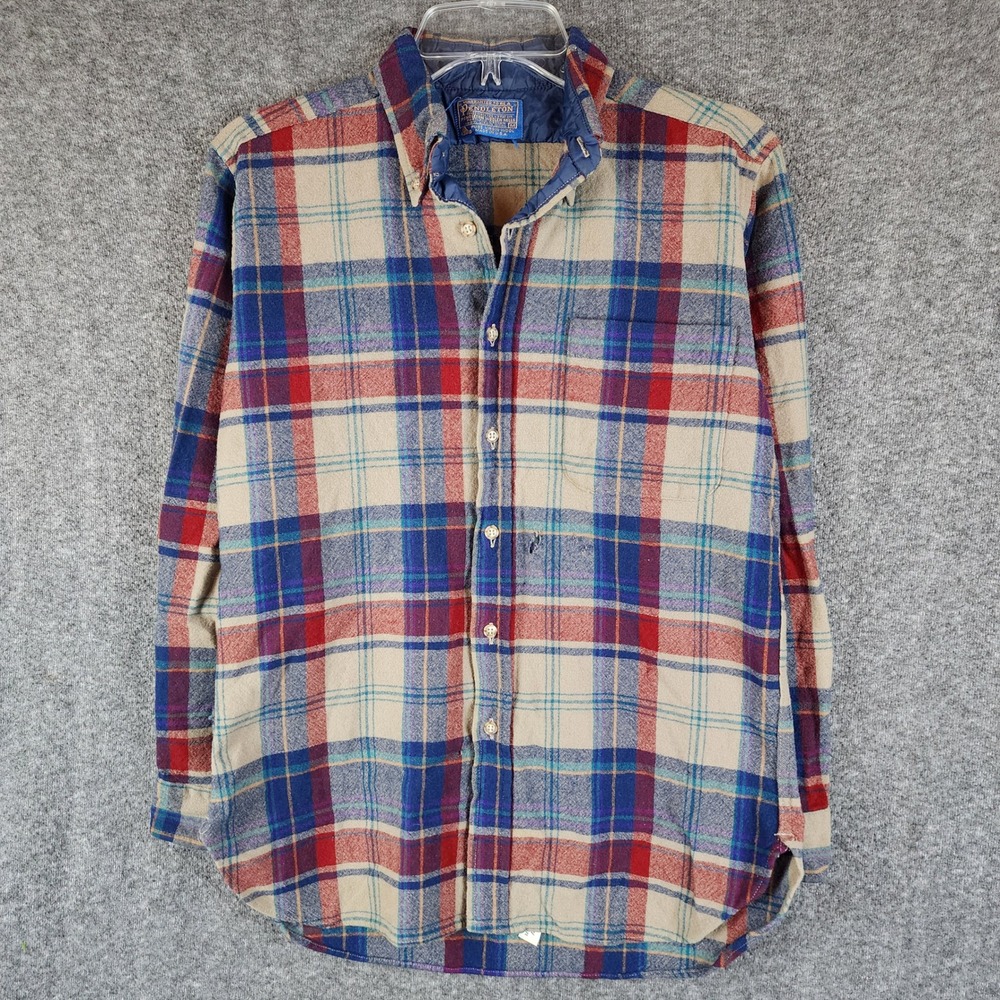 Pendleton Wool Shirt Mens M Plaid Tan Blue Red Button-Down USA Made